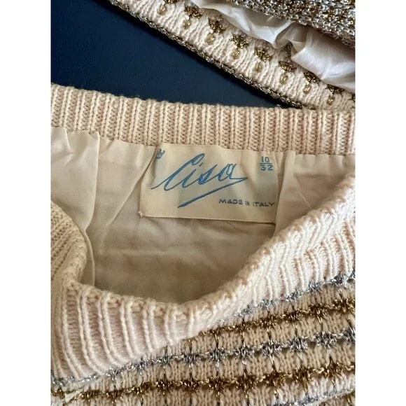 Vintage CISA OF ITALY Knit Cream Skirt Suit, Gold Silver Check Pattern, Size 10